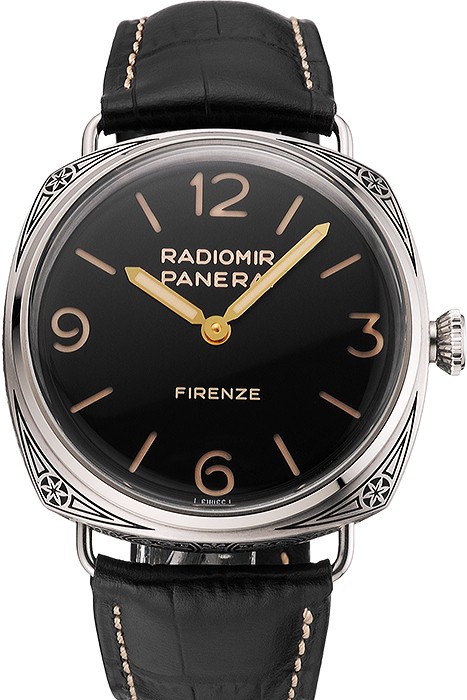 Panerai Radiomir Firenze 3 Days Acciaio PAM604 Black Dial Engraved Stainless Stell Case Black Leather Strap