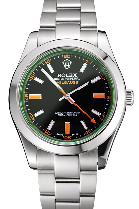 Swiss Rolex Milgauss Black Dial Orange Markings Stainless Steel Case And Bracelet