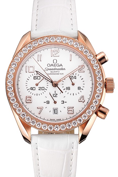 Omega Speedmaster White Dial Rose Gold Case Diamond Bezel White Leather Strap