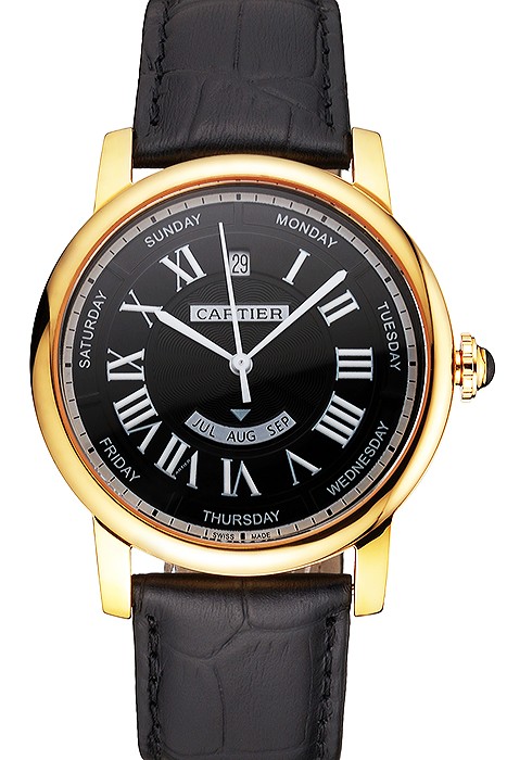 Swiss Cartier Rotonde Annual Calendar Black Dial Gold Case Black Leather Strap