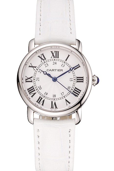 Cartier Ronde White Dial Stainless Steel Case White Leather Strap