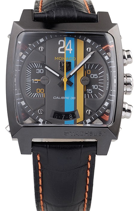 Tag Heuer Swiss Monaco Black Leather Strap Blue-Yellow Striped Black Dial