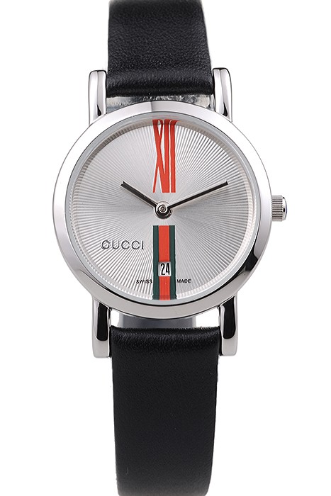 Gucci Small Polished Stainless Steel Bezel White Dial Black Leather Strap