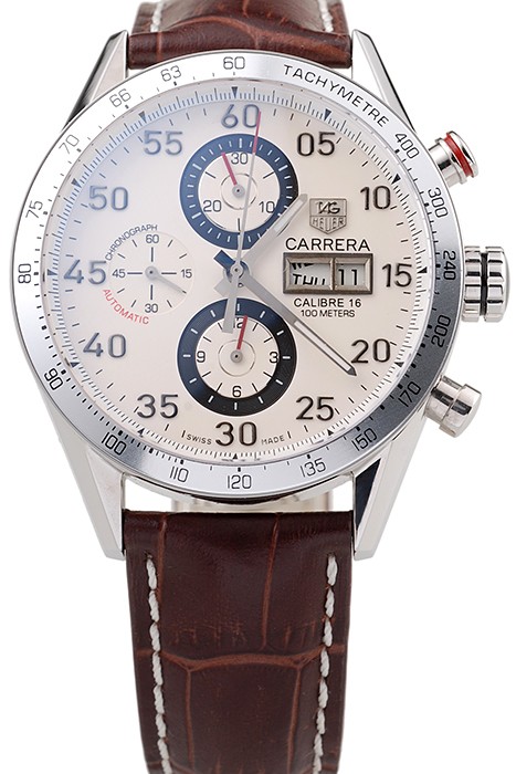 Tag Heuer Swiss Carrera Tachymeter Bezel Dark Brown Leather Strap White Dial