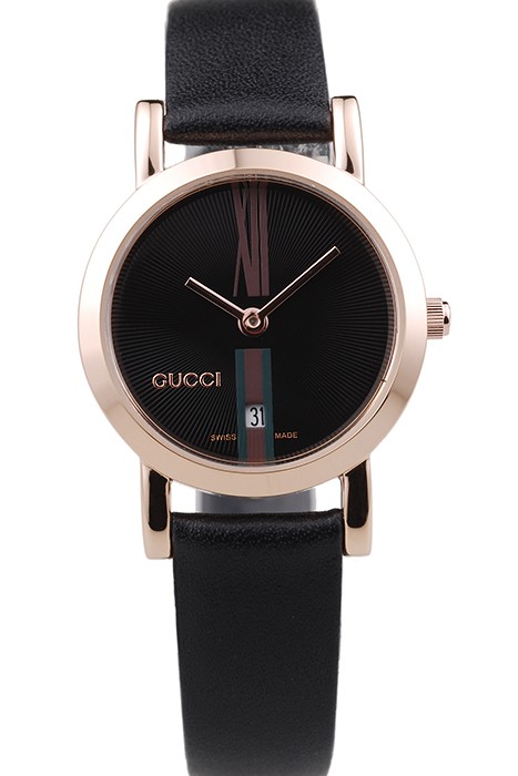 Gucci Polished Rose Gold Bezel Black Dial Black Leather Strap