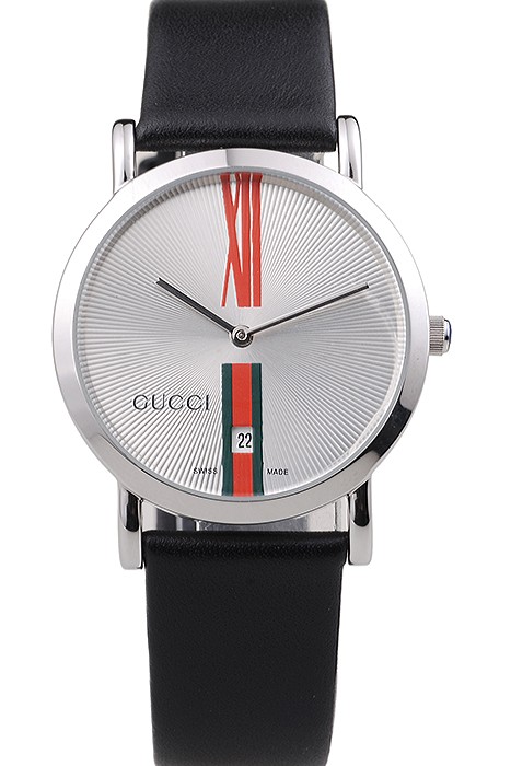 Gucci Large Polished Stainless Steel Bezel White Dial Black Leather Strap