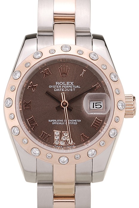 Rolex DateJust Brushed Stainless Steel Case Brown Dial Diamond Plated
