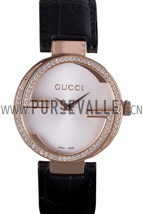 Gucci Interlocking Rose Gold Bezel with Diamonds and Black Leather Band 621514