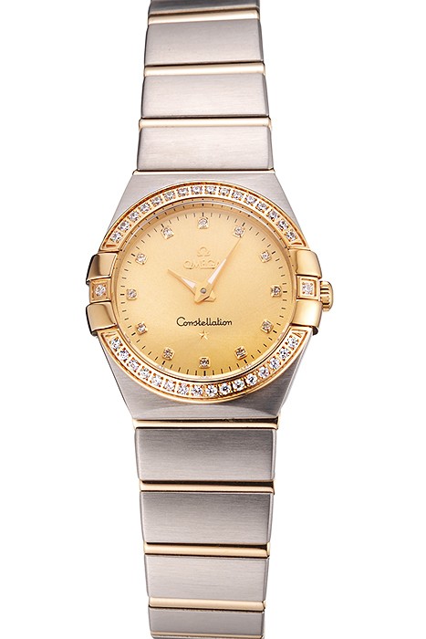 Swiss Lady Omega Constellation Crystal Encrusted Bezel Golden Dial 80293