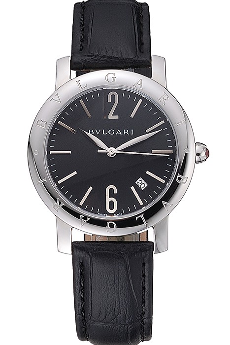 Bvlgari Black Dial Stainless Steel Case Black Leather Bracelet  622431