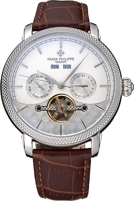 Patek Philippe Day Date Tourbillon White Dial Stainless Steel Case Embossed Bezel Brown Leather Strap  622837
