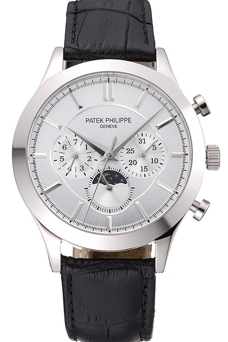 Patek Philippe Moonphase Chronograph White Dial Stainless Steel Case Black Leather Strap  622841