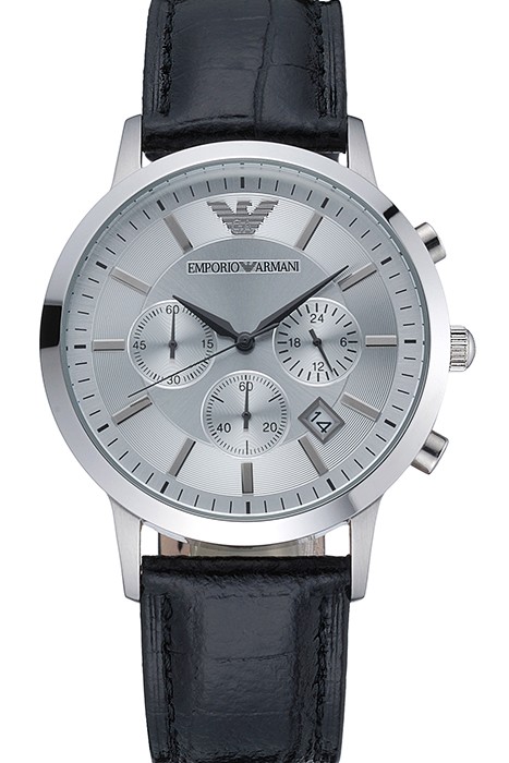 Emporio Armani Classic Chronograph Silver Dial Black Leather Bracelet  622339