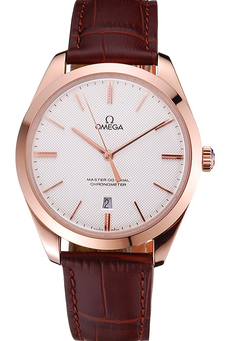 Swiss Omega DeVille Tresor White Dial Gold Case Brown Leather Strap  622846