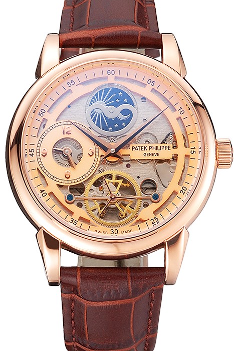 Patek Philippe Dual Time Moonphase Tourbillon Gold Skeletonised Dial Rose Gold Case Brown Leather Strap