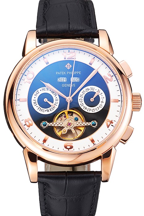 Patek Philippe Perpetual Calendar Tourbillon Black And White Dial Rose Gold Case Black Leather Strap