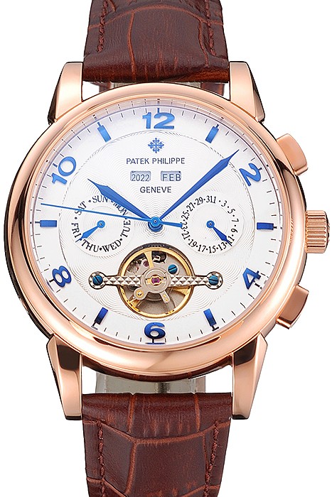 Patek Philippe Perpetual Calendar Tourbillon White Dial Rose Gold Case Brown Leather Strap