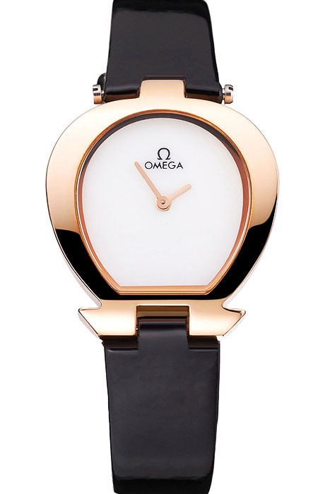 Omega Ladies Watch White Dial Gold Case Black Leather Strap  622820