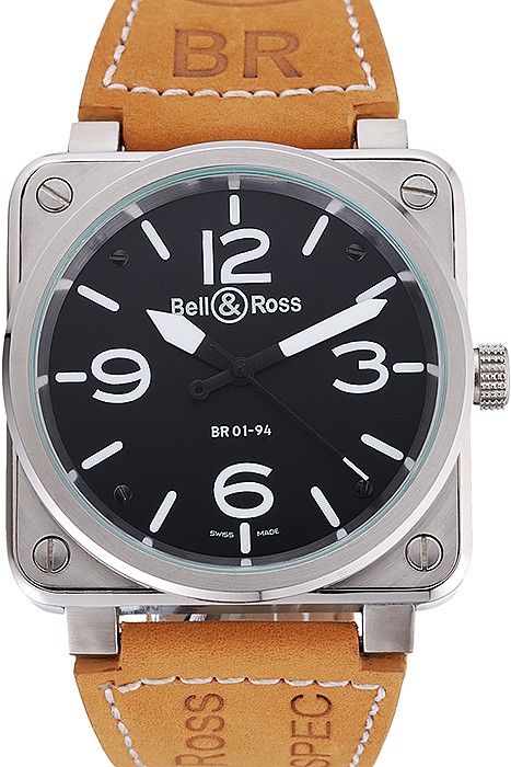 Bell and Ross BR 01-94 Black Dial Silver Case Brown Leather Strap