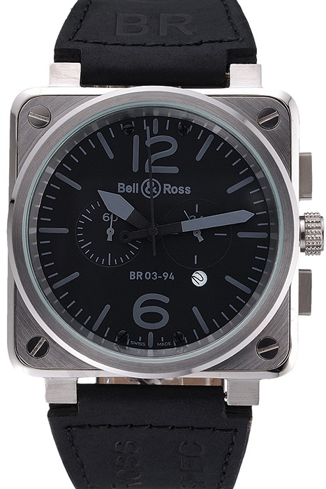 Bell and Ross BR 03-94 Black Dial Silver Case Black Leather Strap