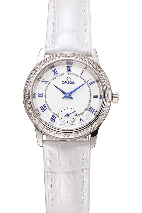 Omega De Ville Prestige Small Seconds White Dial Diamond Bezel Stainless Steel Case White Leather Strap