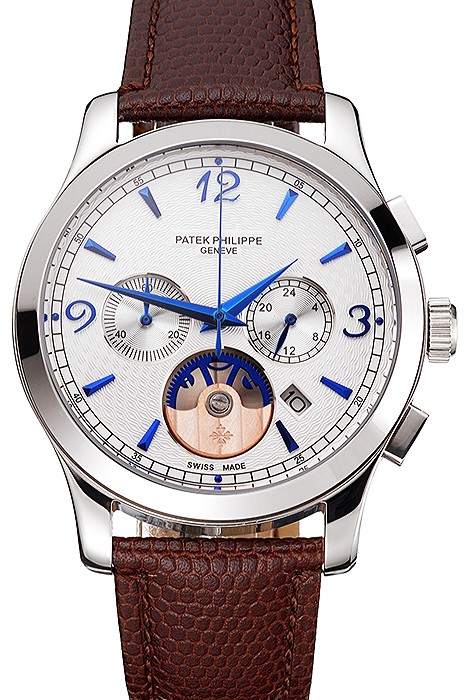 Patek Philippe Chronograph White Guilloche Dial Blue Hands Stainless Steel Case Brown Leather Strap