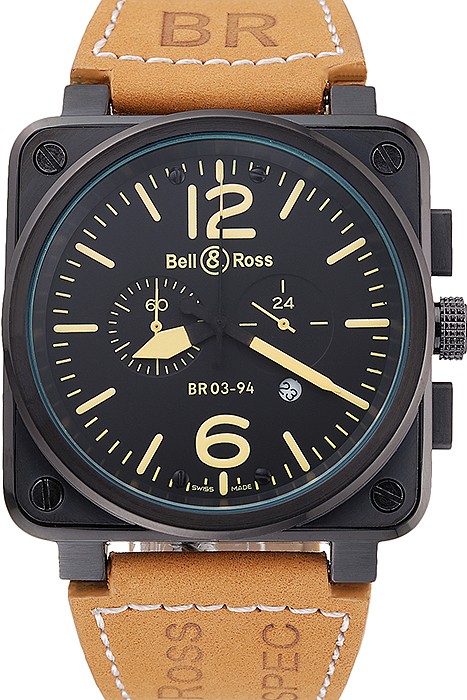 Bell and Ross BR 03-94 Black Dial Black Case Brown Leather Strap