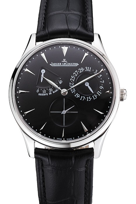 Swiss Jaeger LeCoultre Master Ultra Thin Reserve De Marche Black Dial Stainless Steel Case Black Leather Strap