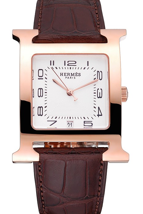Hermes Heure H White Dial Gold Case Brown Leather Strap