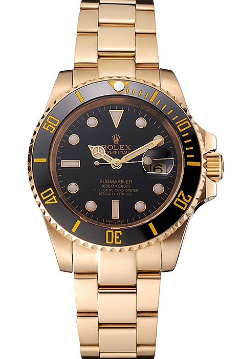 Swiss Rolex Submariner Black Dial Black Bezel Yellow Gold Case And Bracelet