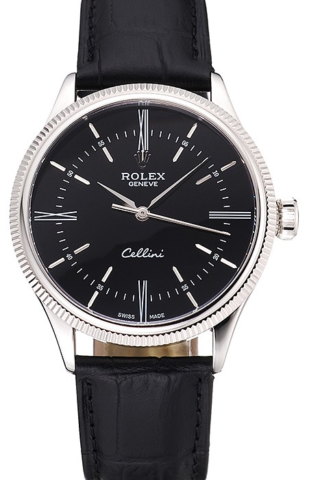 Swiss Rolex Cellini Time Silver Case Black Dial Black Leather Bracelet   622654