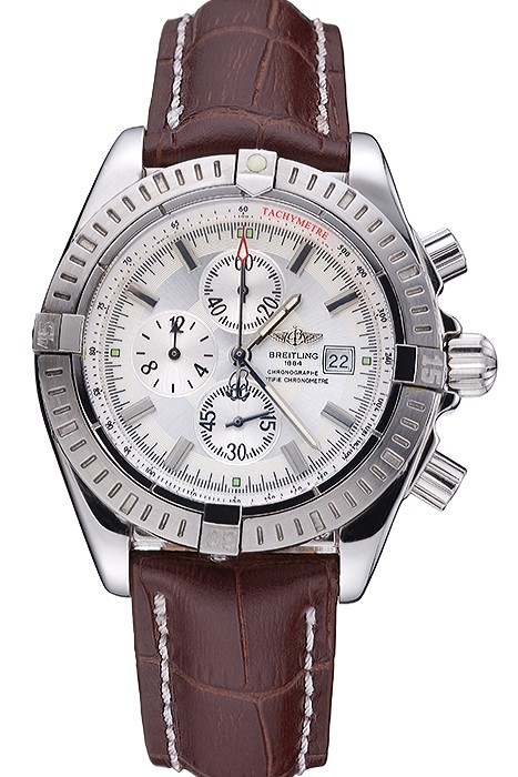 Breitling Chronomat 13 Stainless Steel Case White Dial Brown Leather Bracelet 622239
