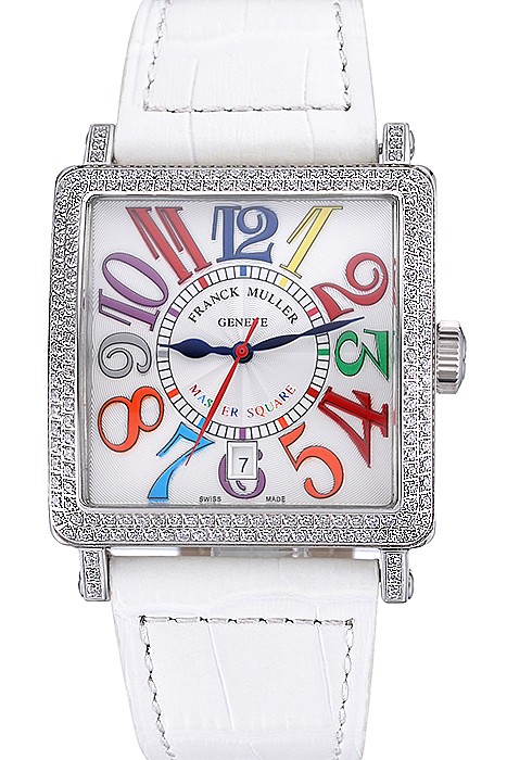 Franck Muller Master Square Color Dreams Diamonds Case White Leather Band  622356