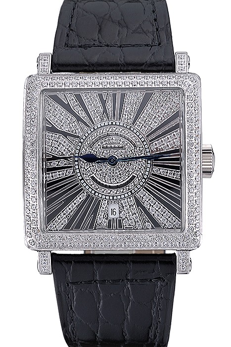 Franck Muller Master Square Diamonds Dial Diamonds Case Black Leather Band  622358