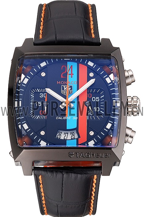 Tag Heuer Monaco Calibre 36 Blue And Orange Stripes Dial Black Leather Strap 622302