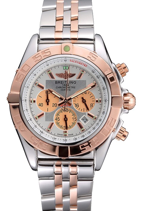 Breitling Chronomat White Dial Rose Gold Bezel And Subdials Stainless Steel Case Two Tone Bracelet
