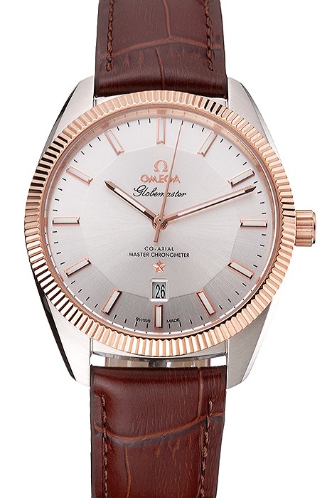 Omega Globemaster Silver Dial Rose Gold Bezel Stainless Steel Case Brown Leather Strap