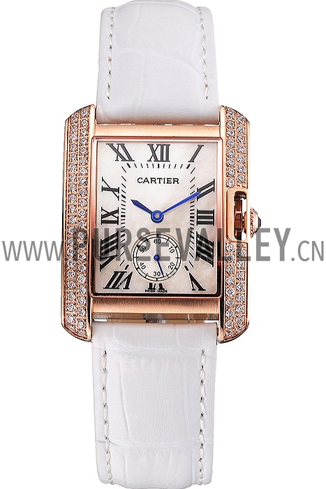 Cartier Tank MC Gold Diamond Case White Dial White Leather Strap 622169