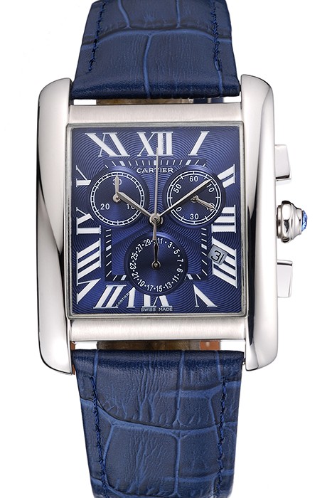 Cartier Tank MC Blue Dial Stainless Steel Case Blue Leather Bracelet  622691