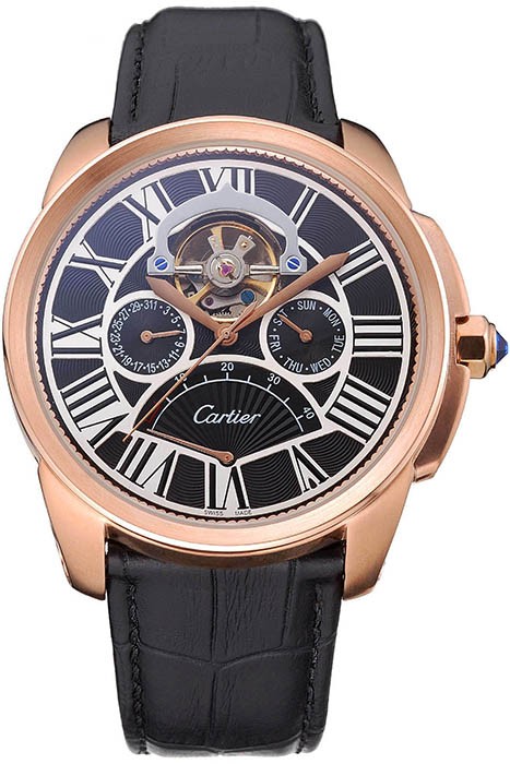 Cartier Calibre Tourbillon Black Dial Gold Case Black Leather Strap  622754
