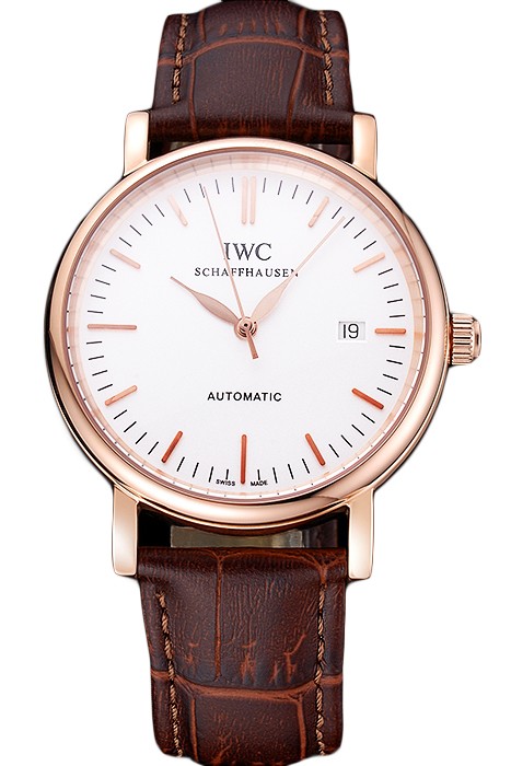 Swiss IWC Portofino Gold Case White Dial Brown Leather Bracelet  622668