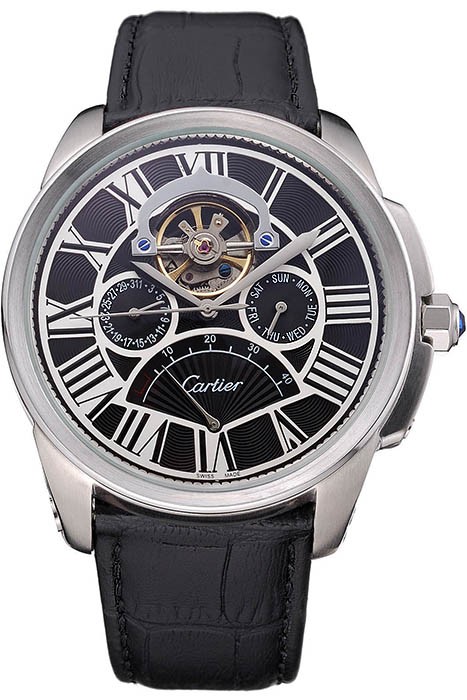 Cartier Calibre Tourbillon Black Dial Stainless Steel Case Black Leather Strap  622752