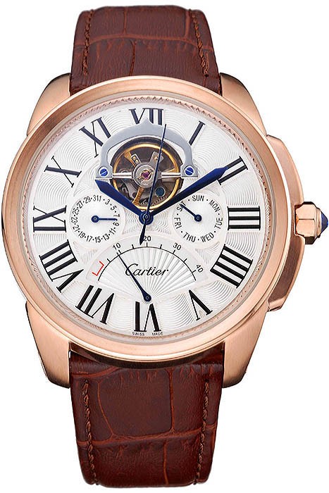 Cartier Calibre Tourbillon White Dial Gold Case Brown Leather Strap  622753