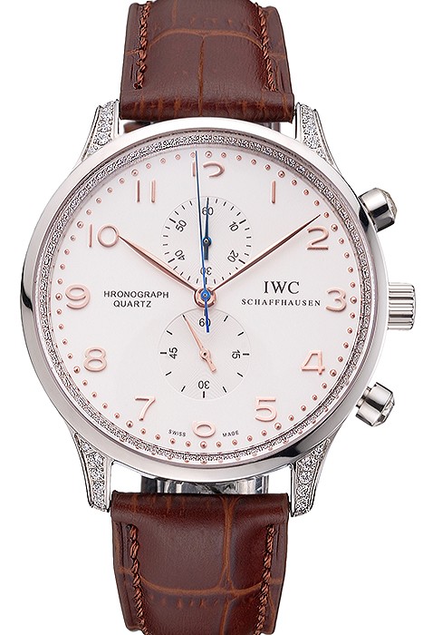 IWC Portugieser Chronograph White Dial Rose Gold Hands And Numerals Steel Case With Diamonds Brown Leather Strap