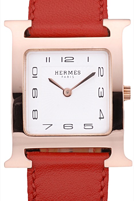 Hermes Heure H Rose Gold Bezel Red Leather Strap White Dial 80233