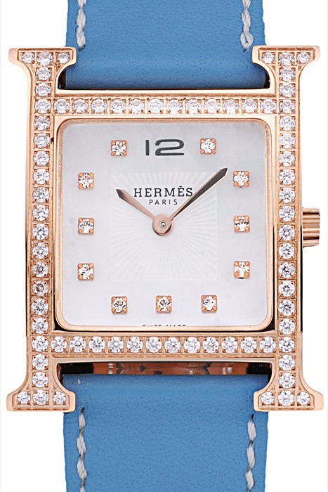 Hermes Heure H Rose Gold Diamond Encrusted Bezel Blue Leather Strap White Dial 80238