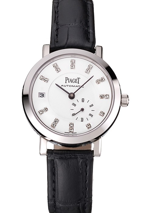 Swiss Piaget Altiplano Date Automatic White Dial Diamond Markers Stainless Steel Case Black Leather Strap