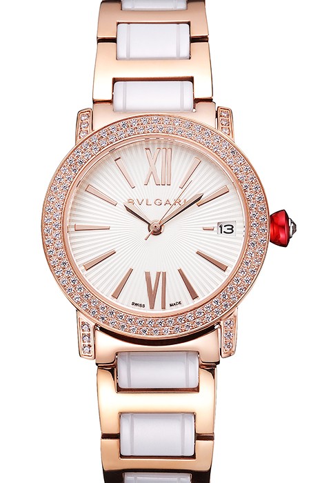 Bvlgari Bvlgari White Guilloche Dial Roman Numerals Gold Case Diamond Bezel Two Tone Bracelet
