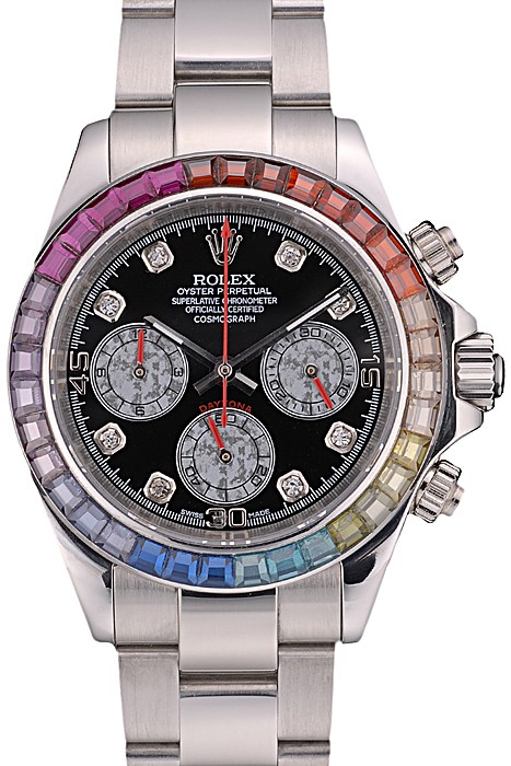 Rolex Daytona Cosmograph Rainbow Crystals Bezel Stainless Steep Strap Black Dial 80250