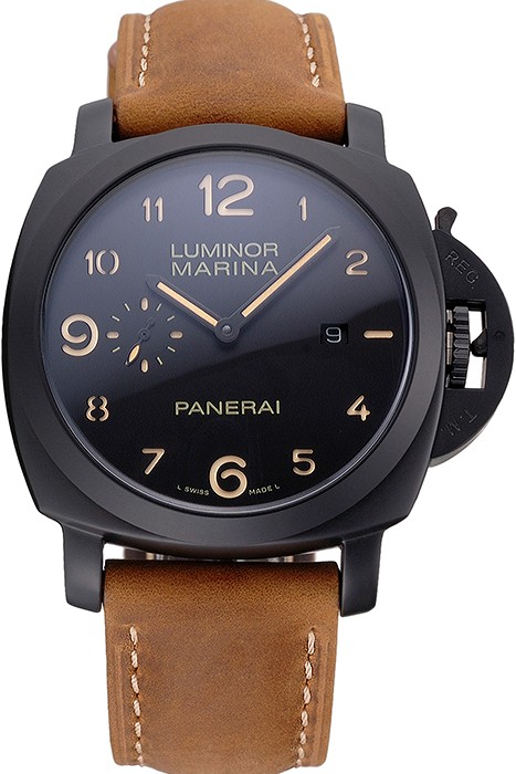 Panerai Luminor Marina 1950 Black Dial Matte Black Steel Case Brown Suede Leather Strap